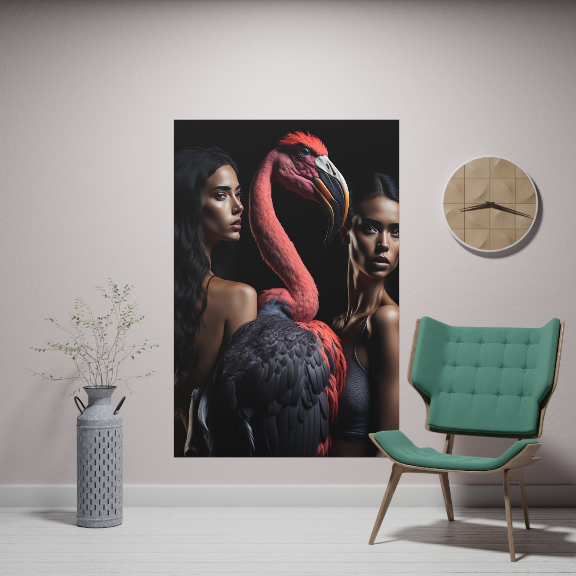 Poster Vertical din hârtie mată - 2 girls Flamingo - Flamingo Print Decor Interior generat AI