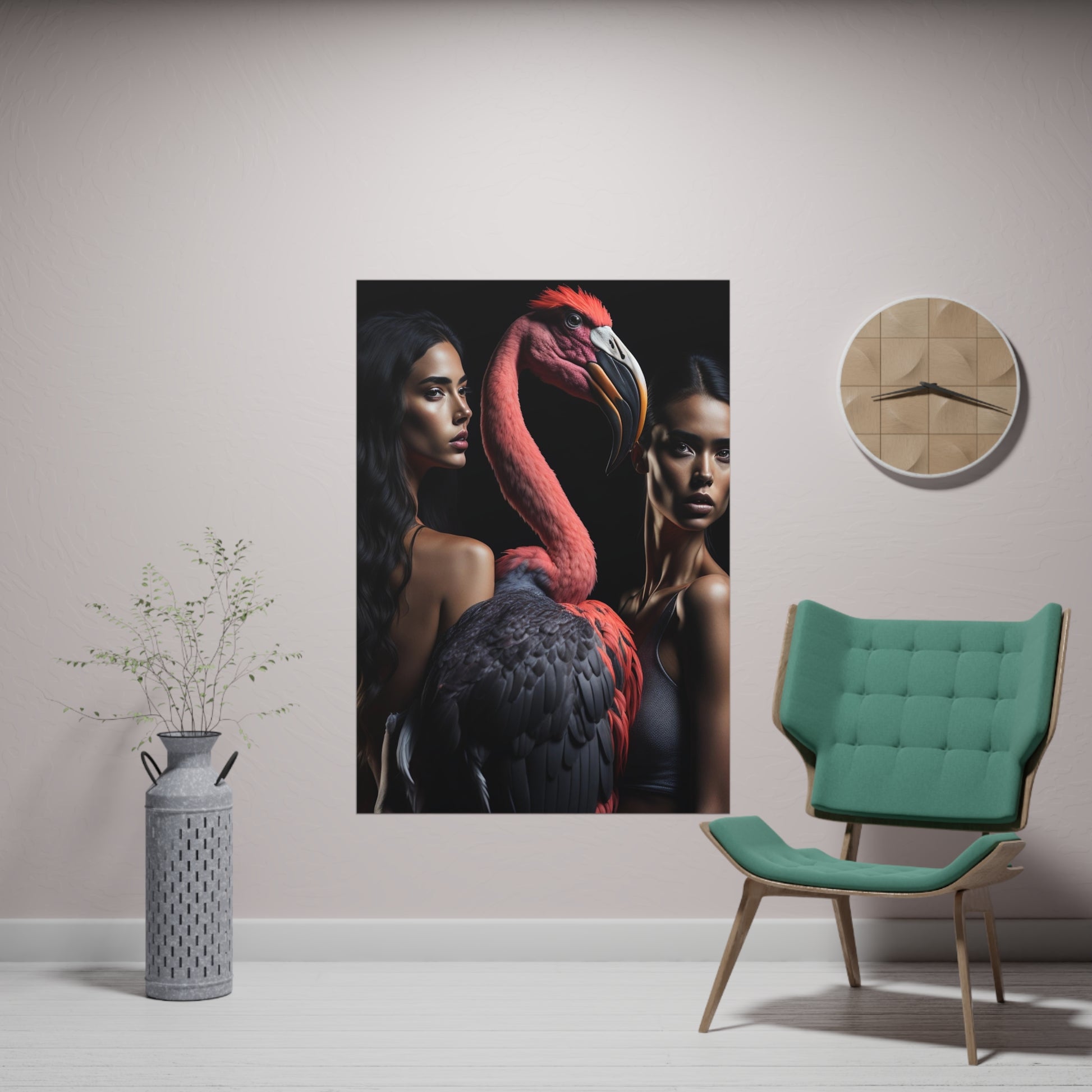 Poster Vertical din hârtie mată - 2 girls Flamingo - Flamingo Print Decor Interior generat AI