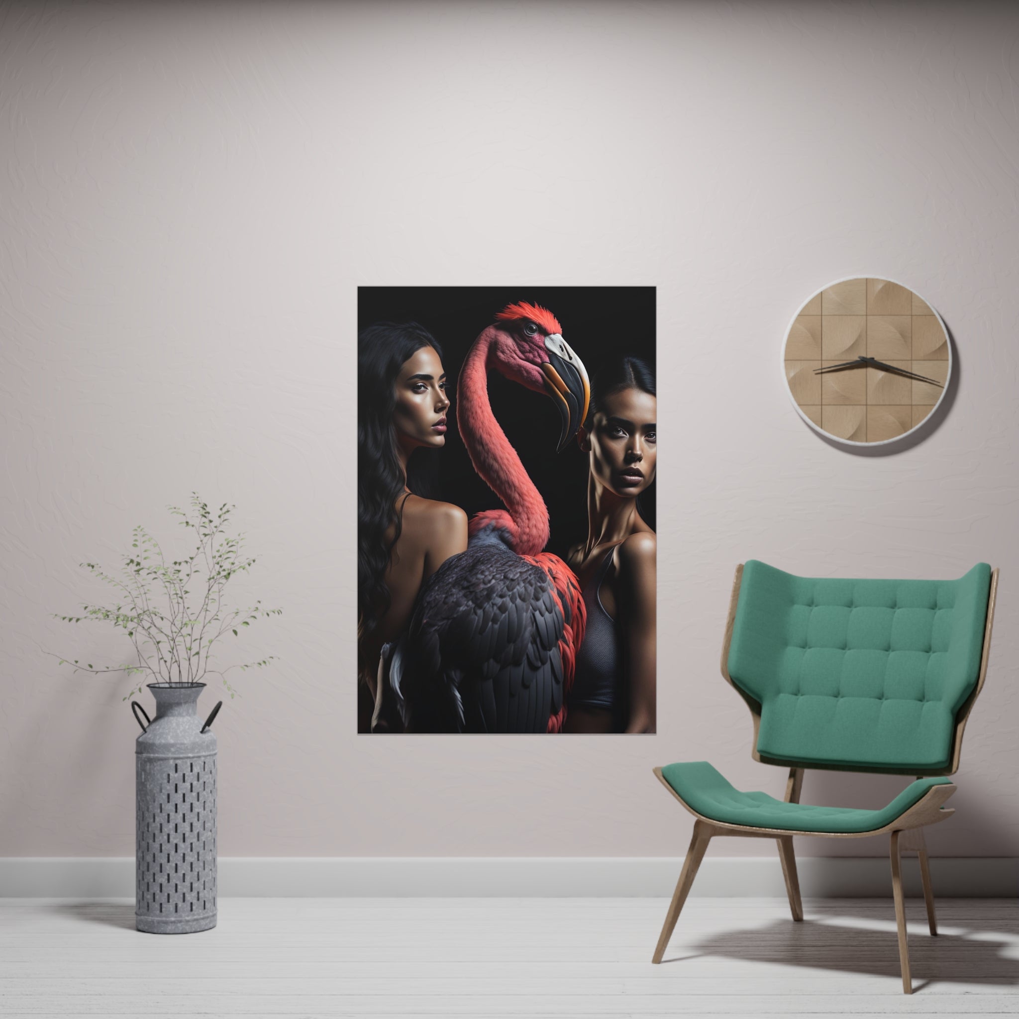 Poster Vertical din hârtie mată - 2 girls Flamingo - Flamingo Print Decor Interior generat AI