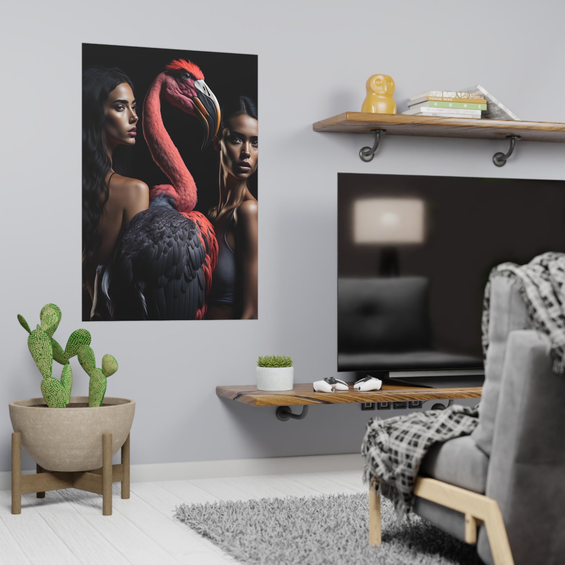 Poster Vertical din hârtie mată - 2 girls Flamingo - Flamingo Print Decor Interior generat AI