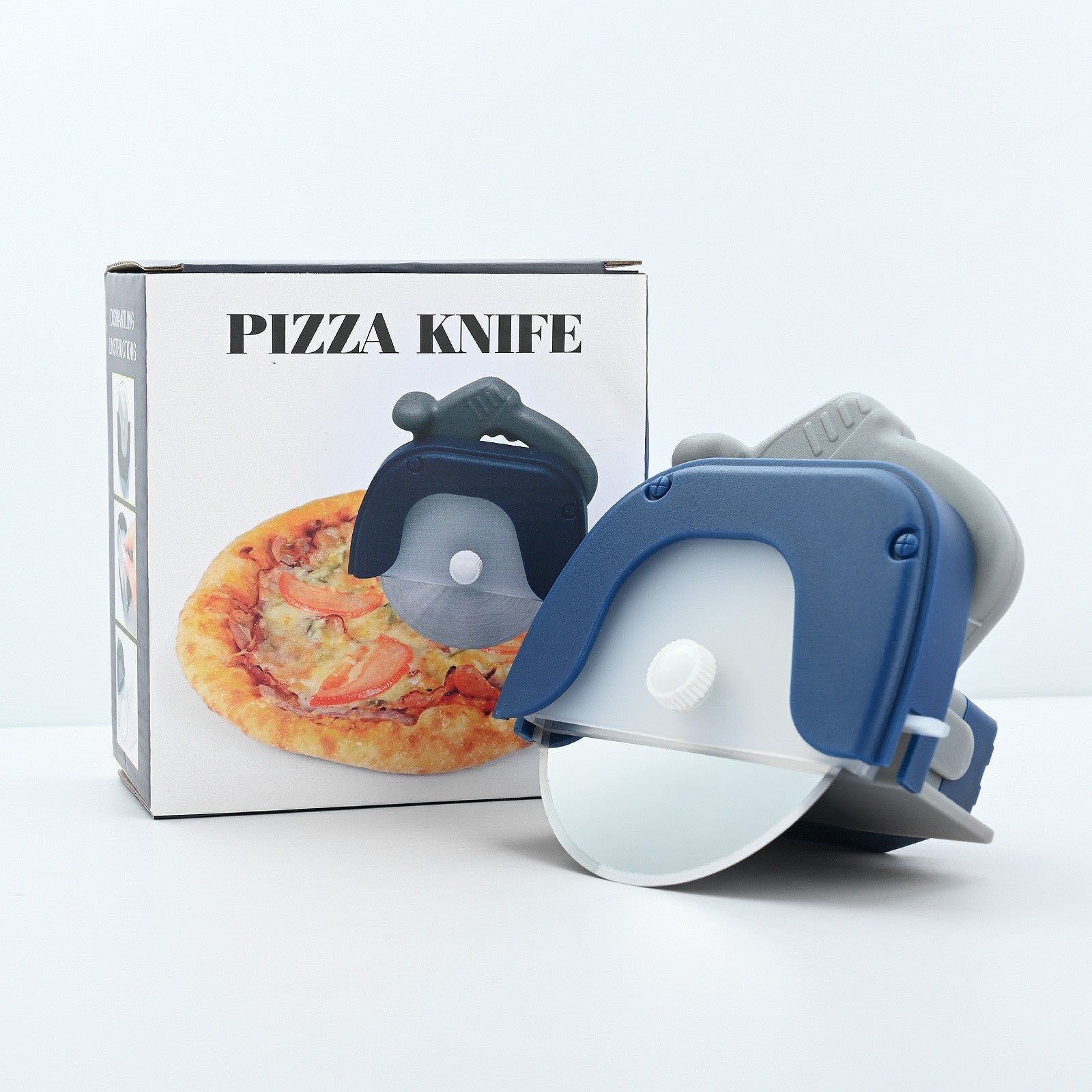 Cutit circular pentru pizza Flippy, 11.5 x 12.5 cm, otel inoxidabil si plastic, capc protectie lama, albastru