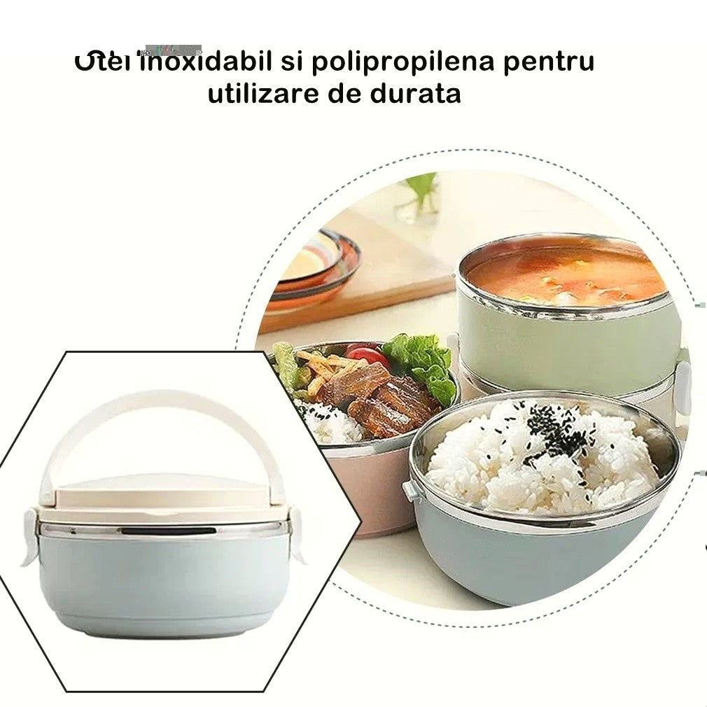 Caserola pentru alimente Flippy, lunch box, 700 ml, otel inoxidabil, maner, valva aerisire, inchidere etansa, 15 x 8.5 cm, albastru