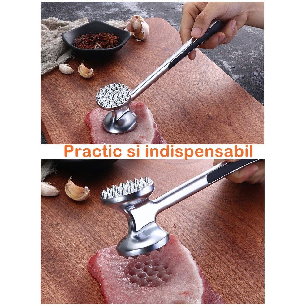 Ciocan pentru snitele si carne Flippy, din aliaj de zinc, maner antialunecare, doua capete, 22 cm, argintiu