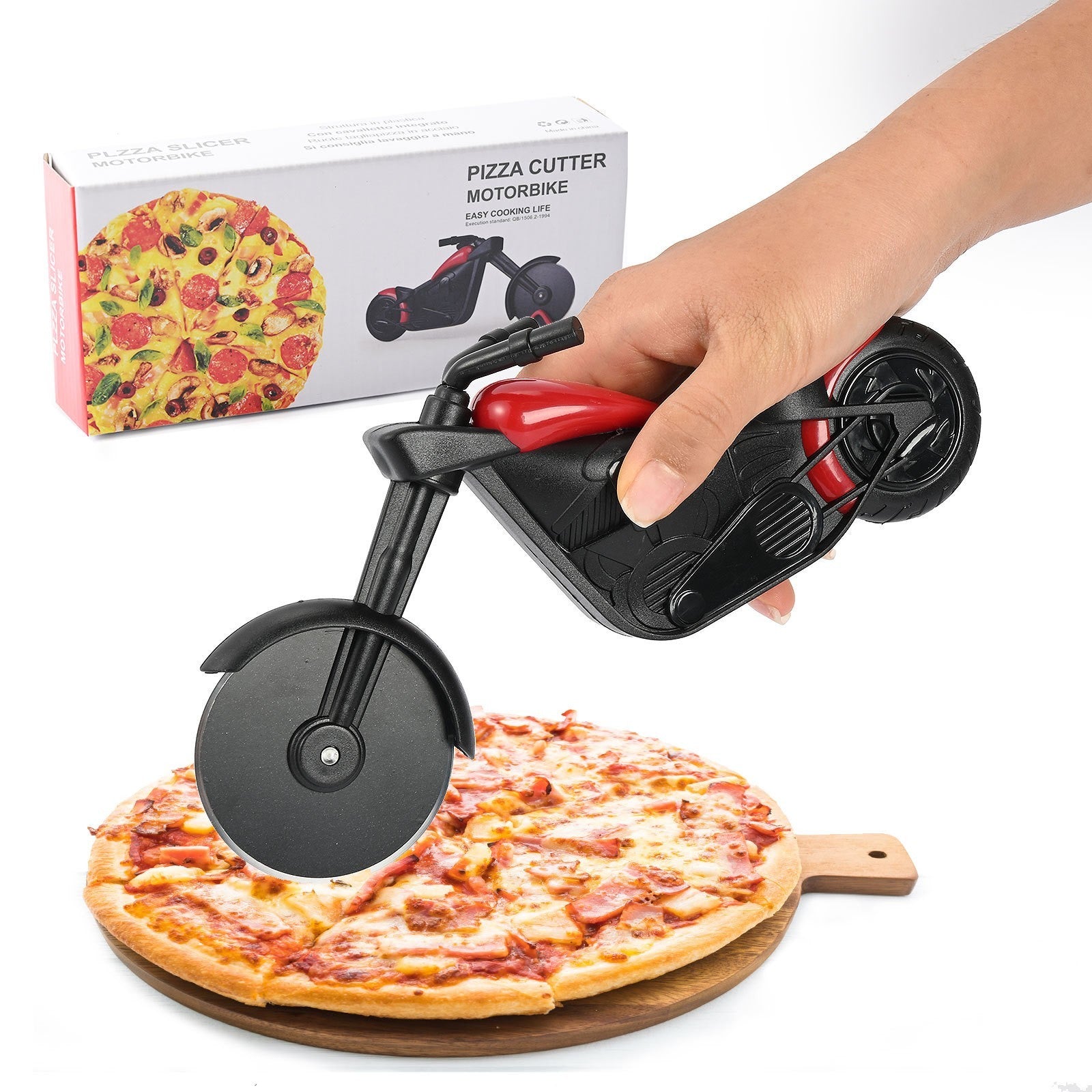 Cutit pizza creativ Flippy, in forma de bicicleta, cu suport pentru cutit, 19 x 12.5 cm, otel/PP, negru