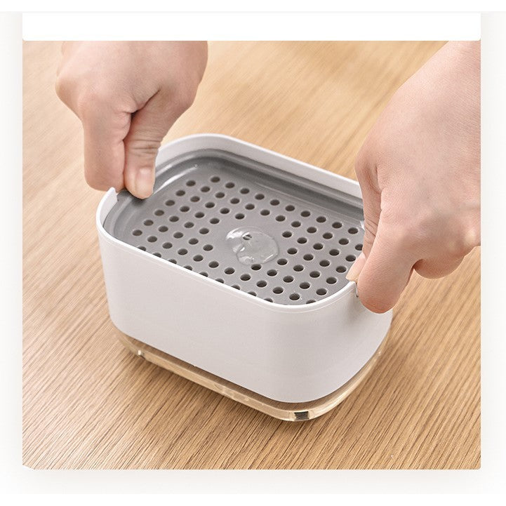 Dozator Flippy, Dispenser 2 in 1 pentru Detergent Lichid de Vase sau pentru Obiecte Sanitare cu Suport pentru Burete de Bucatarie , 8.6 x 14.5 x 10 cm, capacitate 300 ml, alb