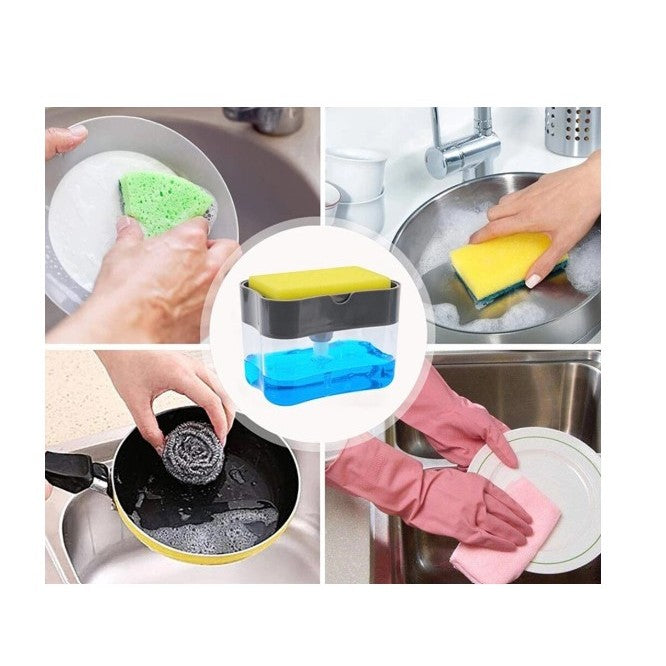 Dozator Flippy, Dispenser 2 in 1 pentru Detergent Lichid de Vase sau pentru Obiecte Sanitare cu Suport pentru Burete de Bucatarie ,14 x 10.5 x 10 cm, capacitate 380 ml, gri