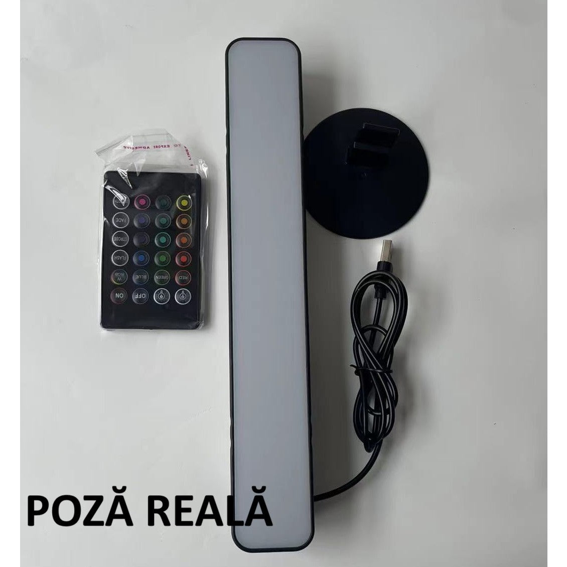 Lampa de Birou, Flippy, RGB Colorat, 14 LED, Putere 5V, Telecomanda cu 24 de Taste, Cablu USB, Negru, 25.5x4x3.5cm