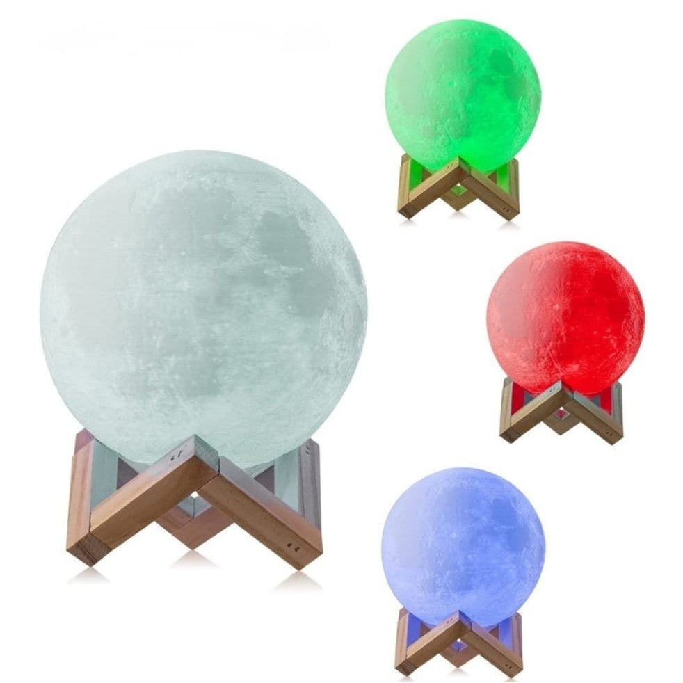 Lampa de veghe in forma de luna 3D Moon Light Multicolor, alimentare baterii, stand plastic inclus, 8 cm, Flippy