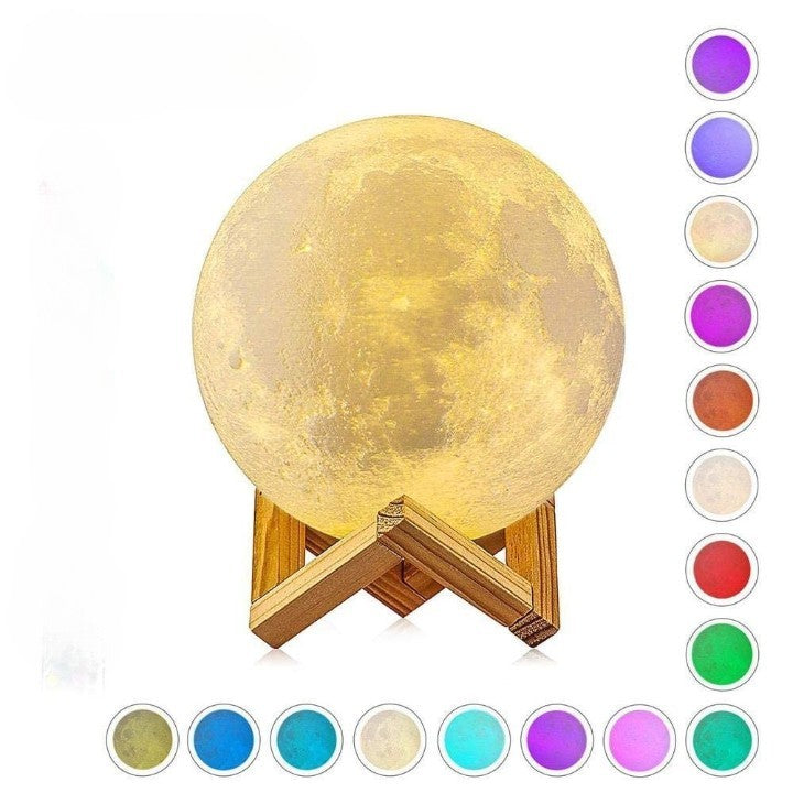 Lampa de veghe in forma de luna 3D Moon Light Multicolor, alimentare baterii, stand plastic inclus, 8 cm, Flippy