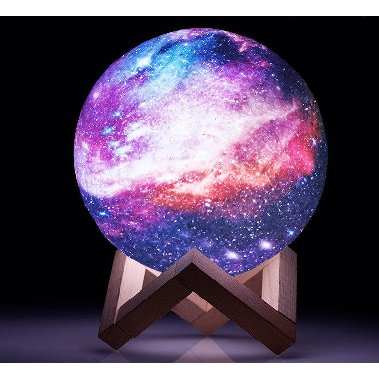 Lampa de veghe in forma de luna cu stele 3D Moon Light, alimentare baterii, stand din lemn inclus, 14 cm, Flippy
