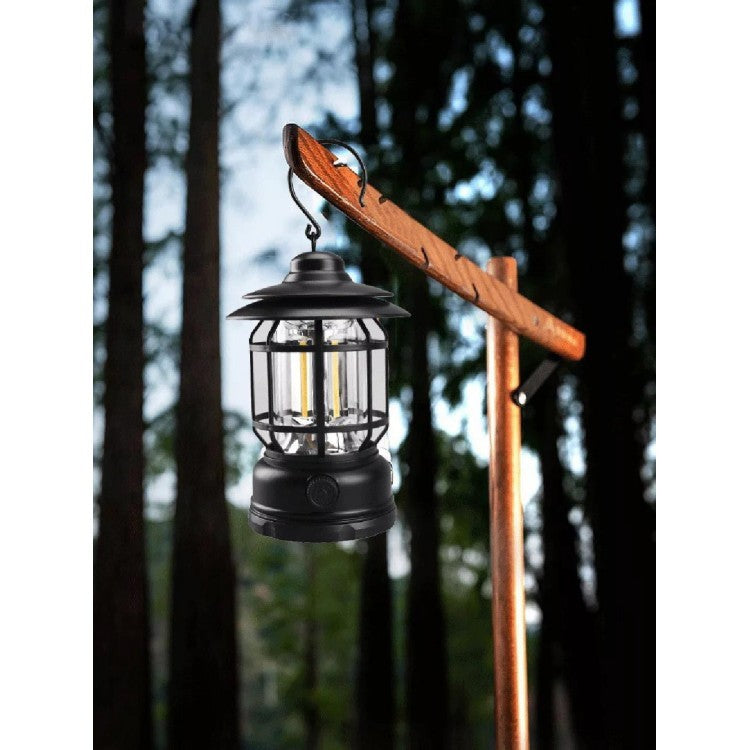 Lampa portabila camping, Felinar Vintage cu carlig, ABS, Iluminare 21 COB LED, Intensitate reglabila, 5W, Flippy, Negru