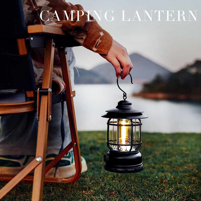 Lampa portabila camping, Felinar Vintage cu carlig, ABS, Iluminare 21 COB LED, Intensitate reglabila, 5W, Flippy, Negru