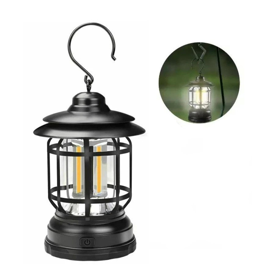 Lampa portabila camping, Felinar Vintage cu carlig, ABS, Iluminare 21 COB LED, Intensitate reglabila, 5W, Flippy, Negru