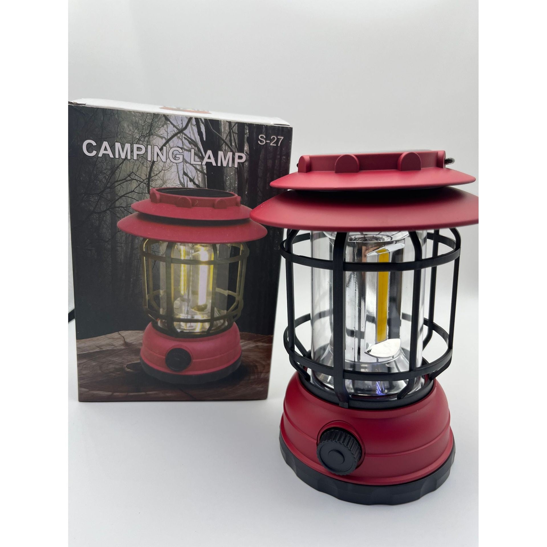 Lampa portabila camping, Felinar Vintage, ABS, Iluminare 30 COB LED, Intensitate reglabila, Acumulator inclus, Incarcare Solara si USB, 5W, Flippy, Rosu