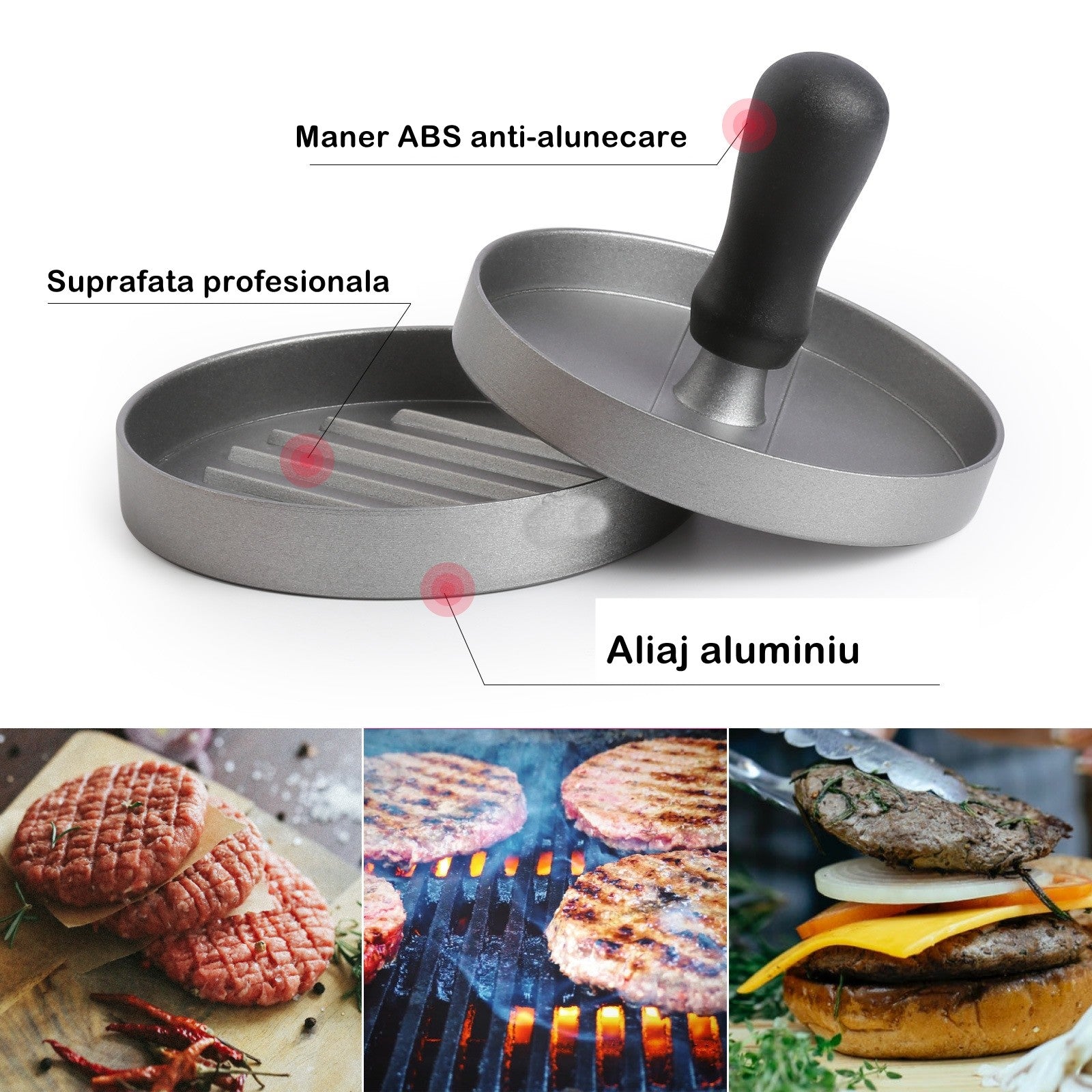 Presa manuala pentru burgeri Flippy, material ABS si aluminiu, forma si presa, usor de curatat si folosit, 11.7 x 8.5 cm, gri