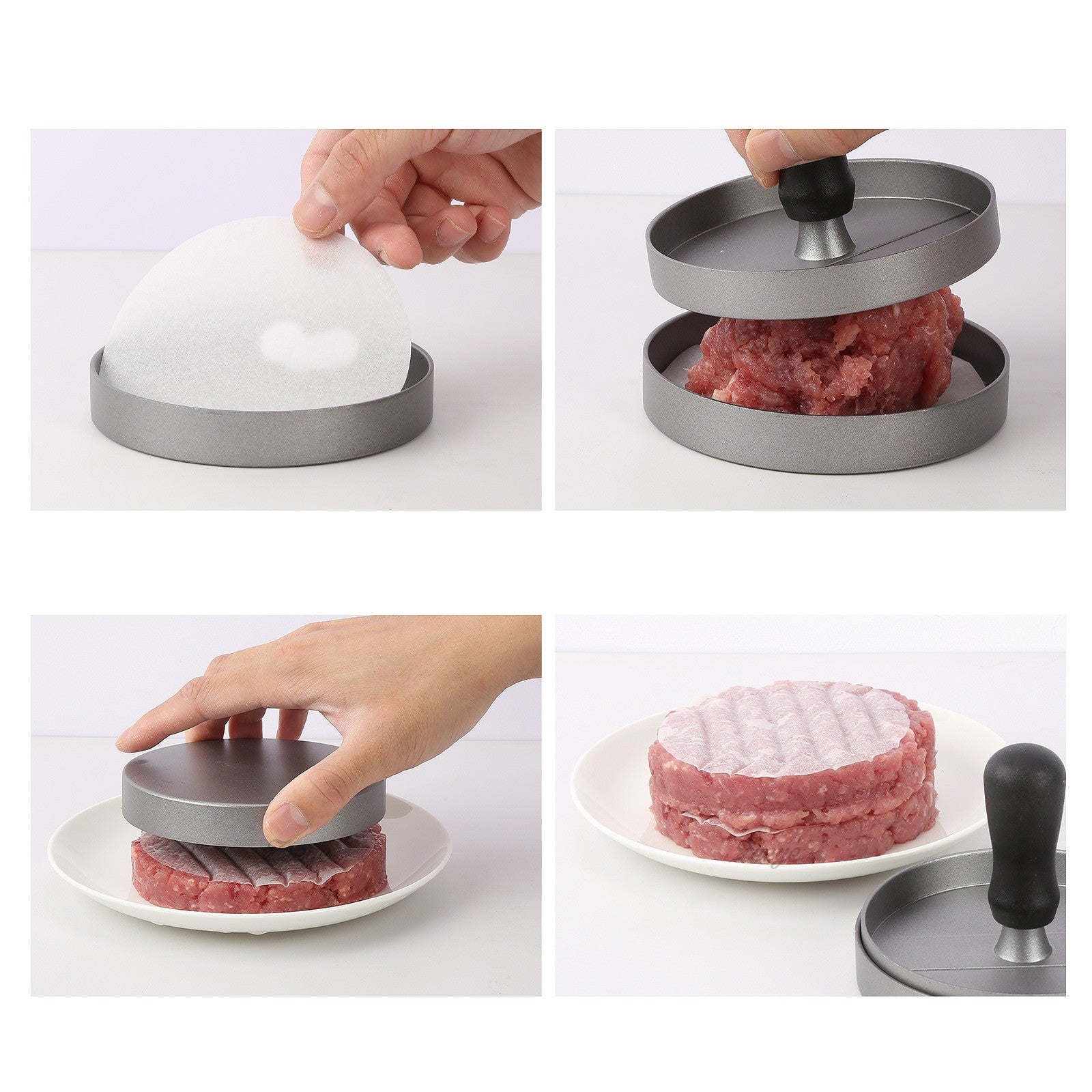 Presa manuala pentru burgeri Flippy, material ABS si aluminiu, forma si presa, usor de curatat si folosit, 11.7 x 8.5 cm, gri