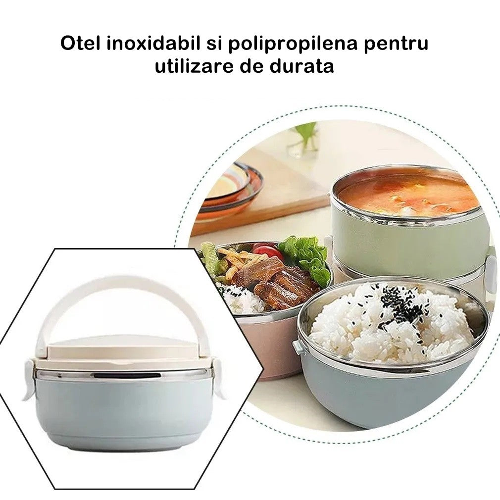 Set 2 Caserole pentru alimente Flippy, lunch box, 1400 ml, otel inoxidabil, maner, valva aerisire, 15.5 x 15 cm, inchidere etansa, multicolor