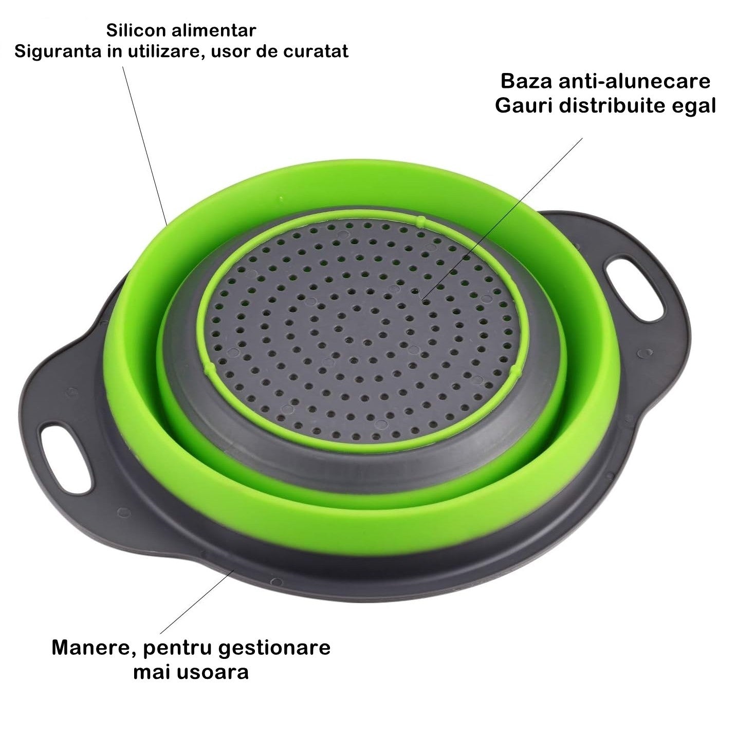 Set 2 strecuratori pliabile din silicon alimentar Flippy, cu manere, fund antiaderent si antialunecare, rotunda, doua dimensiuni, usor de depozitat, compatibil cu masina de spalat vase, verde