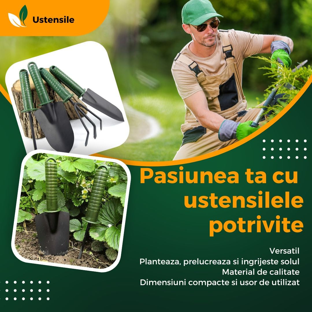 Set 4 Unelte de Gradina Flippy, pentru Plantare Prelucrare Sol si Ingrijire Plante, Material PVC si cardboard, 25 x 8.5 cm, verde