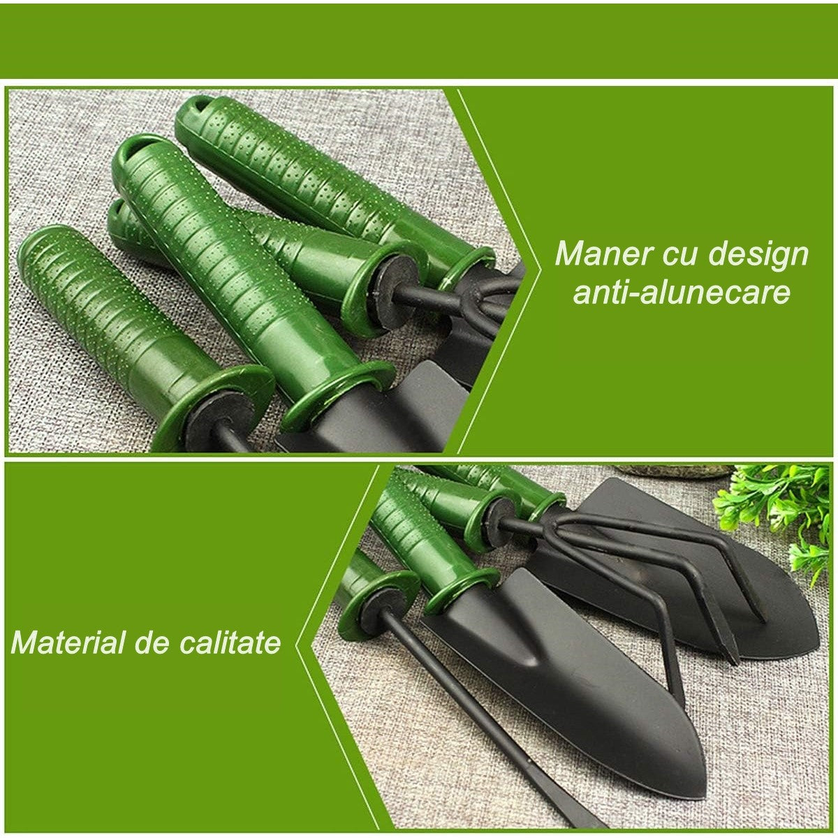 Set 4 Unelte de Gradina Flippy, pentru Plantare Prelucrare Sol si Ingrijire Plante, Material PVC si cardboard, 25 x 8.5 cm, verde