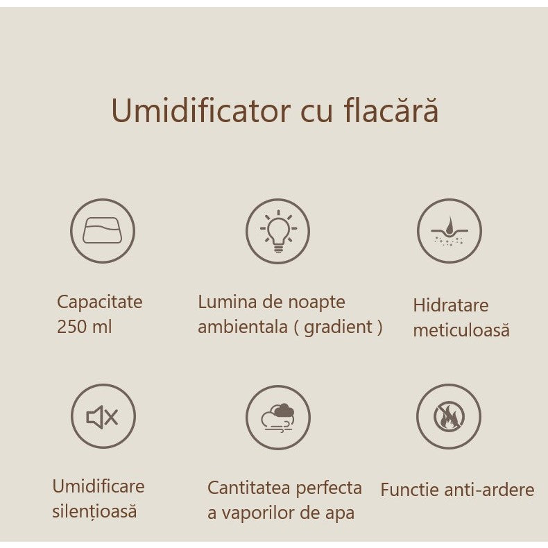 Umidificator de tip flacara, Flippy, cu aromaterapie, 7 culori, 250 ml, negru