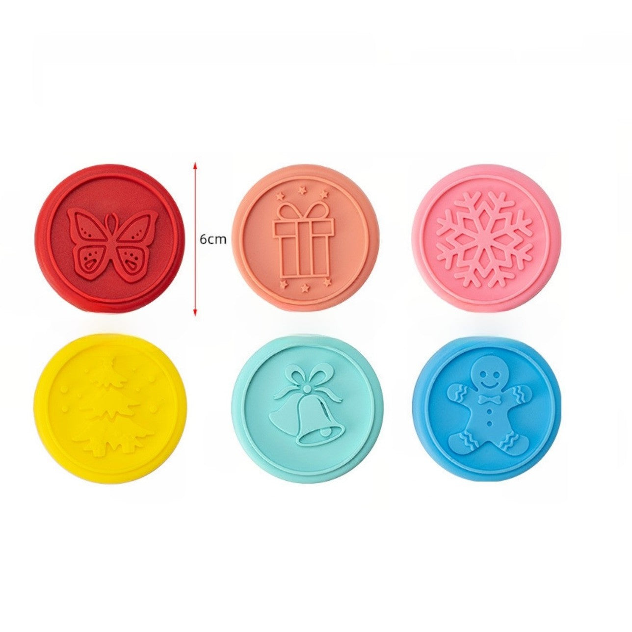 Set 6 stampile pentru prajituri Flippy, tematica de Craciun, din silicon alimentar non-toxic, taietor aluat inclus, 6 cm, maner din plastic, compact, usor de depozitat,